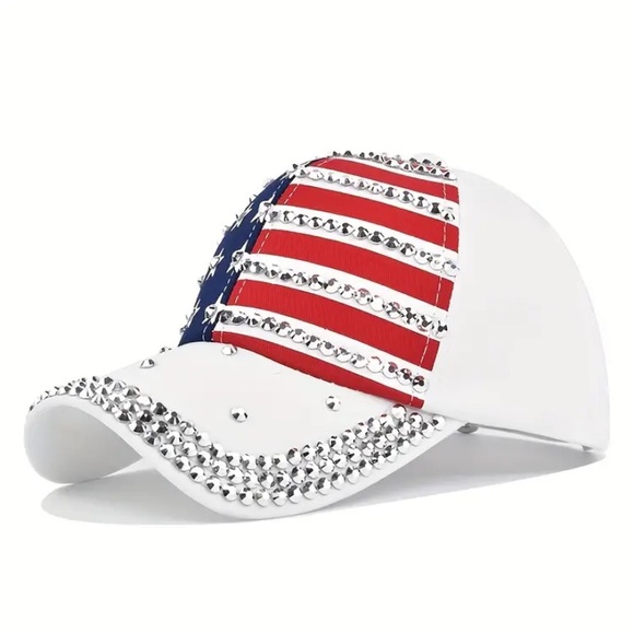 American flag patriotic rhinestone white hat baseball cap for women and girls - Picture 1 of 3